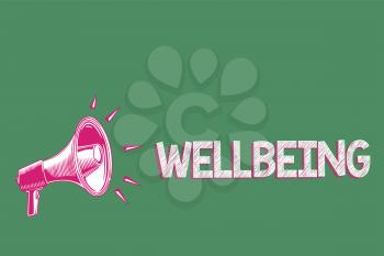 Handwriting text writing Wellbeing. Concept meaning A good or satisfactory condition of existence including health Megaphone loudspeaker green background important message speaking loud
