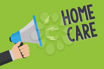 Writing note showing Home Care. Business photo showcasing Place where people can get the best service of comfort rendered Man holding megaphone loudspeaker green background message speaking