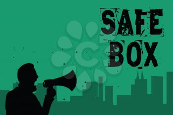 Word writing text Safe Box. Business concept for A small structure where you can keep important or valuable things Man holding megaphone speaking politician making promises green background