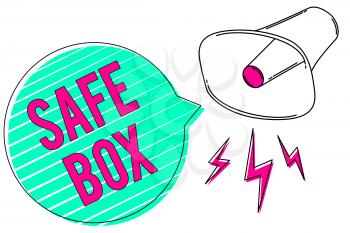 Conceptual hand writing showing Safe Box. Business photo showcasing A small structure where you can keep important or valuable things Megaphone green speech bubble stripes important loud message