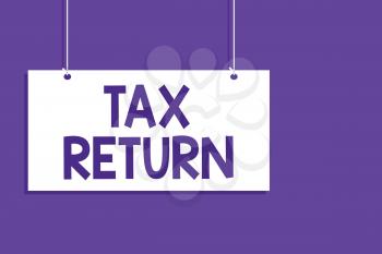 Conceptual hand writing showing Tax Return. Business photo showcasing which taxpayer makes annual statement of income circumstances Hanging board message open close sign purple background