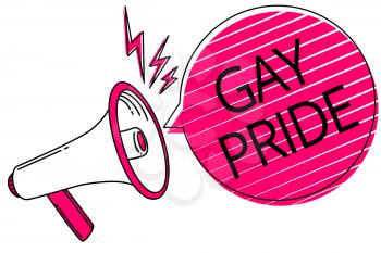 Text sign showing Gay Pride. Conceptual photo Dignity of an idividual that belongs to either a man or woman Megaphone loudspeaker pink speech bubble stripes important loud message