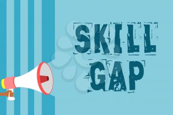 Text sign showing Skill Gap. Conceptual photo Refering to a person's weakness or limitation of knowlege Megaphone loudspeaker blue stripes important message speaking out loud