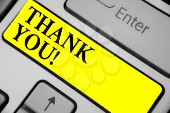 Writing note showing Thank You. Business photo showcasing replaying on something good or greetings with pleased way Keyboard yellow key Intention computer computing reflection document