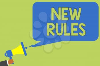 Text sign showing New Rules. Conceptual photo A state of changing an iplemented policy for better upgrade Man holding megaphone loudspeaker speech bubble message speaking loud