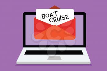 Word writing text Boat Cruise. Business concept for sail about in area without precise destination with large ship Computer receiving email important message envelope with paper virtual