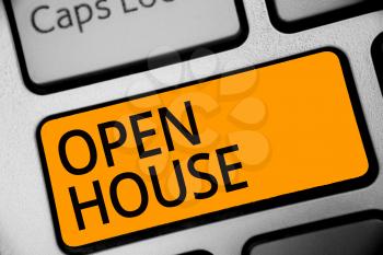 Conceptual hand writing showing Open House. Business photo showcasing you can come whatever whenever want Make yourself at home Keyboard orange key computer computing reflection document