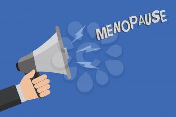 Word writing text Menopause. Business concept for Period of permanent cessation or end of menstruation cycle Man holding megaphone loudspeaker blue background message speaking loud
