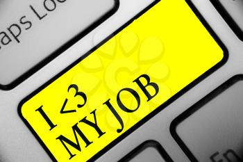Conceptual hand writing showing I love My Job. Business photo showcasing telling someone that you admire your current profession Keyboard yellow key computer computing reflection document