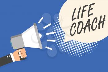 Conceptual hand writing showing Life Coach. Business photo text A person who advices clients how to solve their problems or goals Man holding megaphone loudspeaker speech bubble blue background