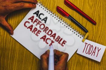 Writing note showing Aca Affordable Care Act. Business photo showcasing providing cheap treatment to patient several places Man holding marker notebook clothepin reminder wooden table cup coffee