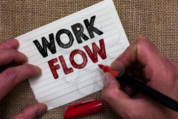 Writing note showing Work Flow. Business photo showcasing Continuity of a certain task to and from an office or employer Man's hand hold white paper with symbolic letter jute sack background