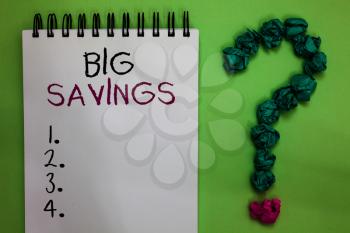 Text sign showing Big Savings. Conceptual photo income not spent or deferred consumption putting money aside Open notebook crumpled papers forming question mark green background