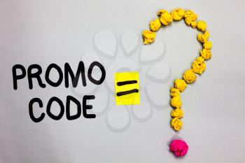 Conceptual hand writing showing Promo Code. Business photo showcasing digital numbers that give you good discount on certain product Crumpled forming question mark equal sign white background
