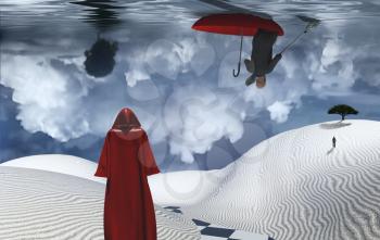 Figure in cloak stands in desert. Man floats in red umbrella. Green tree on a sand dune. Figure of man in a distance. Clouds reflected in the ocean.