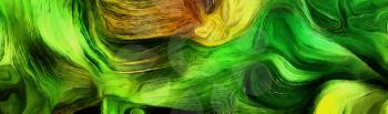 Fluid lines of color movement. Green and yellow colors mostly. 3D rendering.