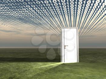 Doorway in landscape with binary streaming
