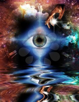 Surreal digital art. Eye and hand of God reflected in water surface.