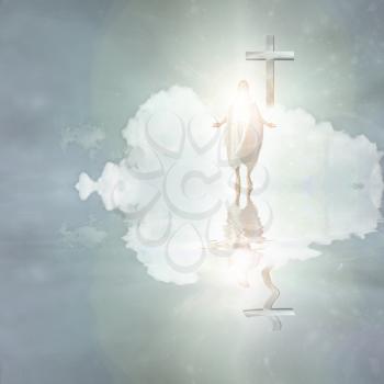 Cross hangs in sky with bright figure walking on water