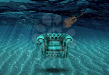 Surrealism. Fish school, armchair and violin on a sea bottom.