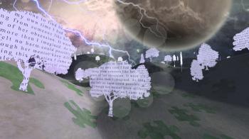Paper trees with text in mystical landscape from My own writings