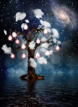 Tree of Thoughts. Vivid galaxy. 3D rendering.