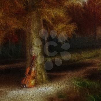 Violin in the forest. Image composed entirely of words