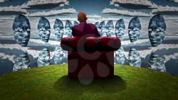 Surreal composition. Man sits in red armchair and observes women`s masks with clouds pattern.