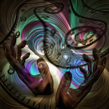 Surreal painting. Human's hands and spirals of time. Colorful swirls.