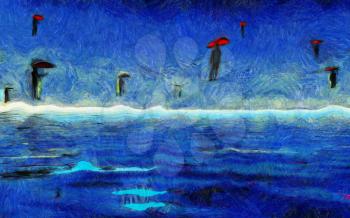 Surreal painting. Men flies with red umbrellas.