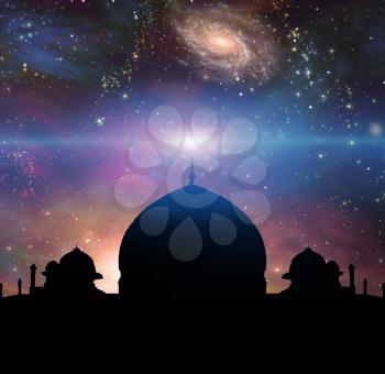 Temple in eastern style. Universe with galaxies on a background.
