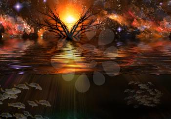 Tranquil Scene. Vivid starry sky and tree. Underwater view.