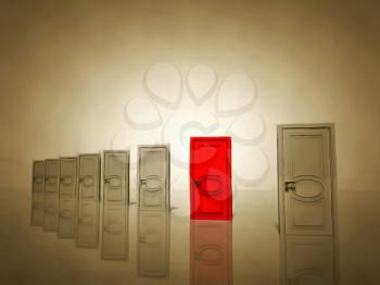 Surrealism. Seven white doors and one red door symbolizes choice. 3D rendering