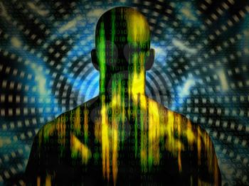 Surreal digital art. Well built man with binary code on a skin. 3D rendering