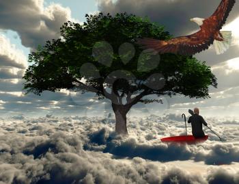 Surreal painting. Man floats in red umbrella.