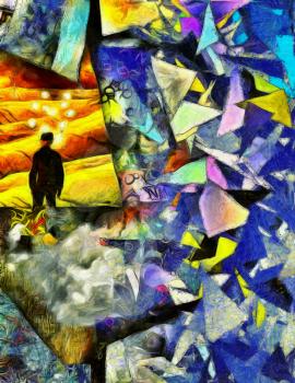 Complex surreal painting. Man in suit and bowler hat stands in green field. Light bulbs around his head symbolizes ideas or thoughts. Abstract background with colorful geometric elements.