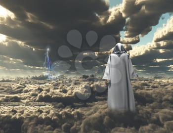 Figure in cloak stands on field of clouds.