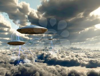 Flying spacecrafts in cloudy sky.