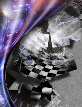 Complex surreal painting. Woman's face with chess pattern, square elements. Winged clocks represents flow of time. Warped space.