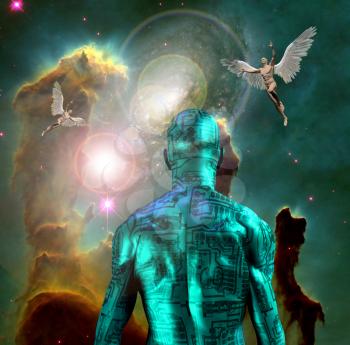 Surreal digital art. Naked man with electric circuit pattern on his skin stands before horse nebula in deep space. Naked men with wings represents angels. 3D rendering. Some elements provided courtesy of NASA.