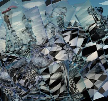 Surreal Chess Landscape. Man flies with red umbrella. 3D rendering.