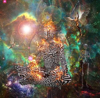 Surrealism. Figure of man with maze pattern in lotus pose in flames. Naked men with wings represents angels. Skeleton symbolizes death. 3D rendering. Some elements provided courtesy of NASA.