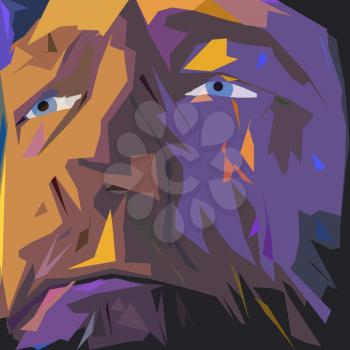 Abstract painting. Old man's face in purple colors.