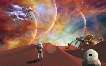 Astronauts and spacecrafts on another planet. 3D rendering.