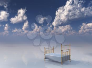 3d render. Bed in the surreal sky.