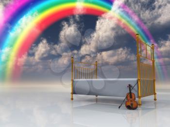 Bed with violin and rainbow in surreal scene