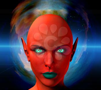 The face of female alien. Colorful universe on a background.