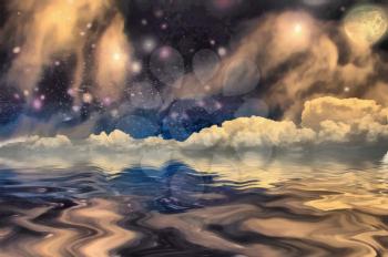 Surrealism. Stars and clouds reflects in the water.