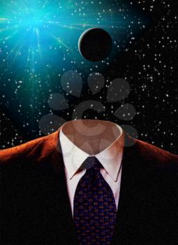 Empty Suit with Star field and Black Planet or Moon