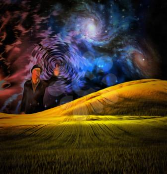 Surrealism. Green field and vivid universe. Man touches the sky making ripples.